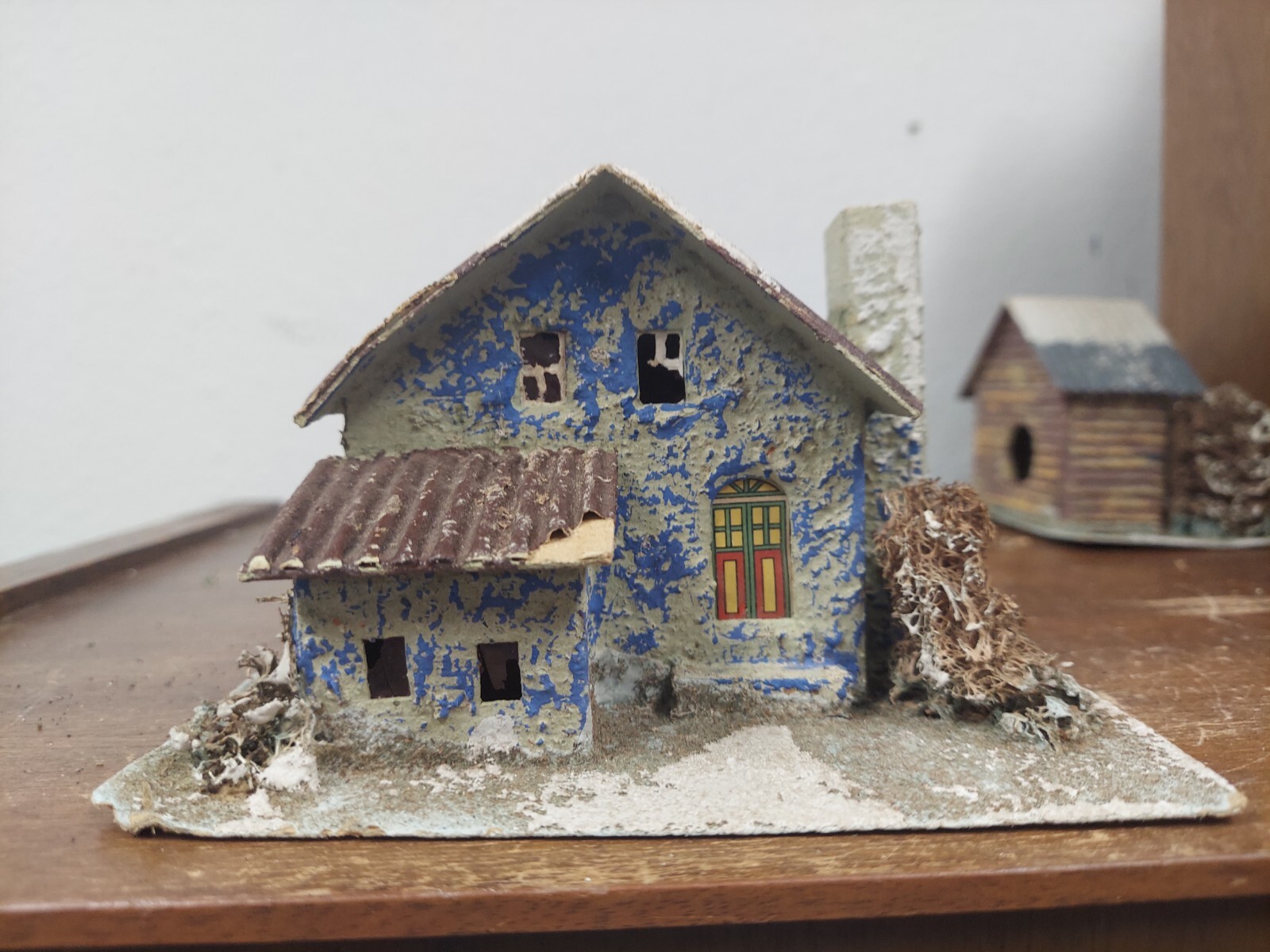 Vintage Putz Blue 2 Story House 6″ x 3.5″(Base) 4″ x 3″ x 3.5″ (House) GUC