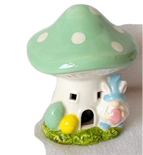 Green Ceramic Easter Village Mushroom House, Gnome Bunny, LED Lights Up – NEW
