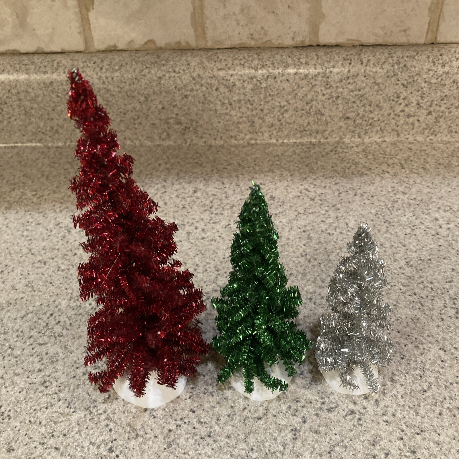 Christmas Village Accessory Classic Tinsel Trees Set of 3 Red Green Silver 53192