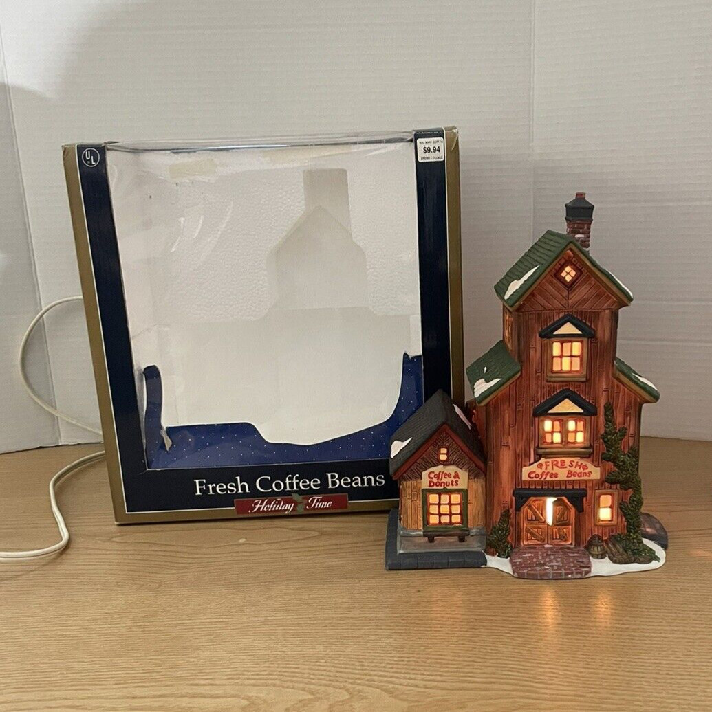 Vtg Holiday Time Fresh Coffee Beans Shop Lighted Christmas Village Collectible