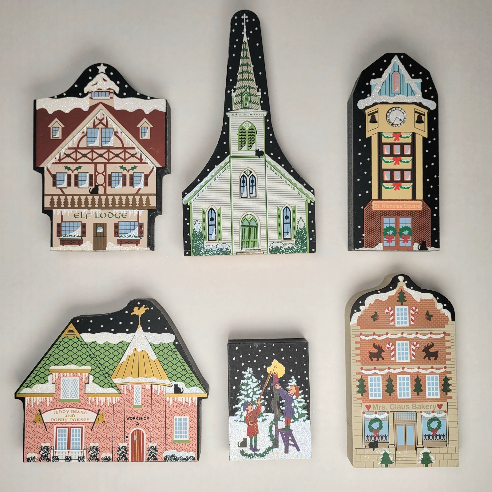 Cat’s Meow North Pole Collection LOT of 6 – Square Clock Church Elf Lodge Bakery