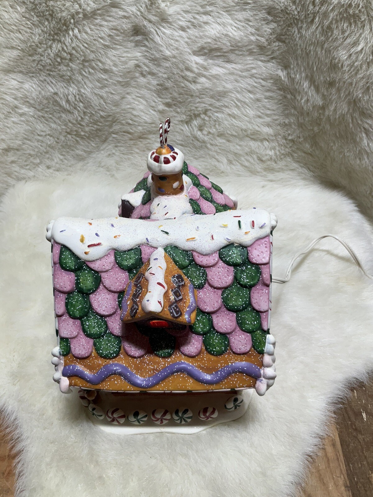 Vintage Hand painted Porcelain Lighted Gingerbread House Christmas Decoration