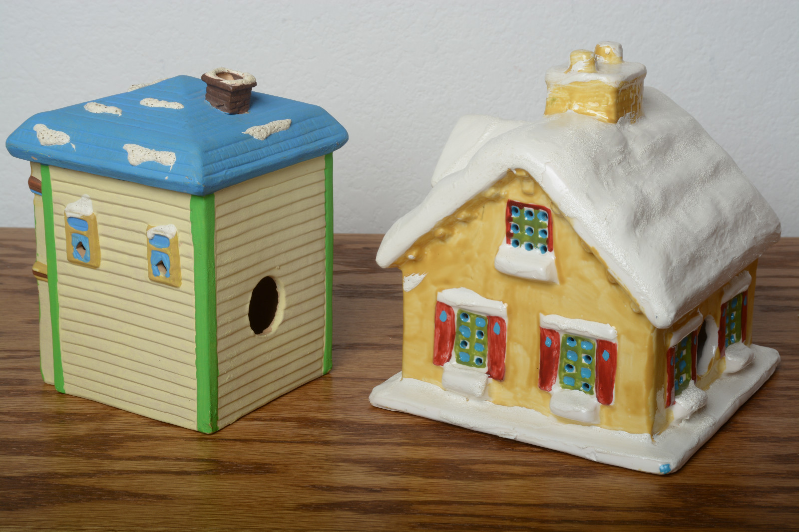 2 Christmas Village Houses. Origin Unknown.1 manufactured in 1980.