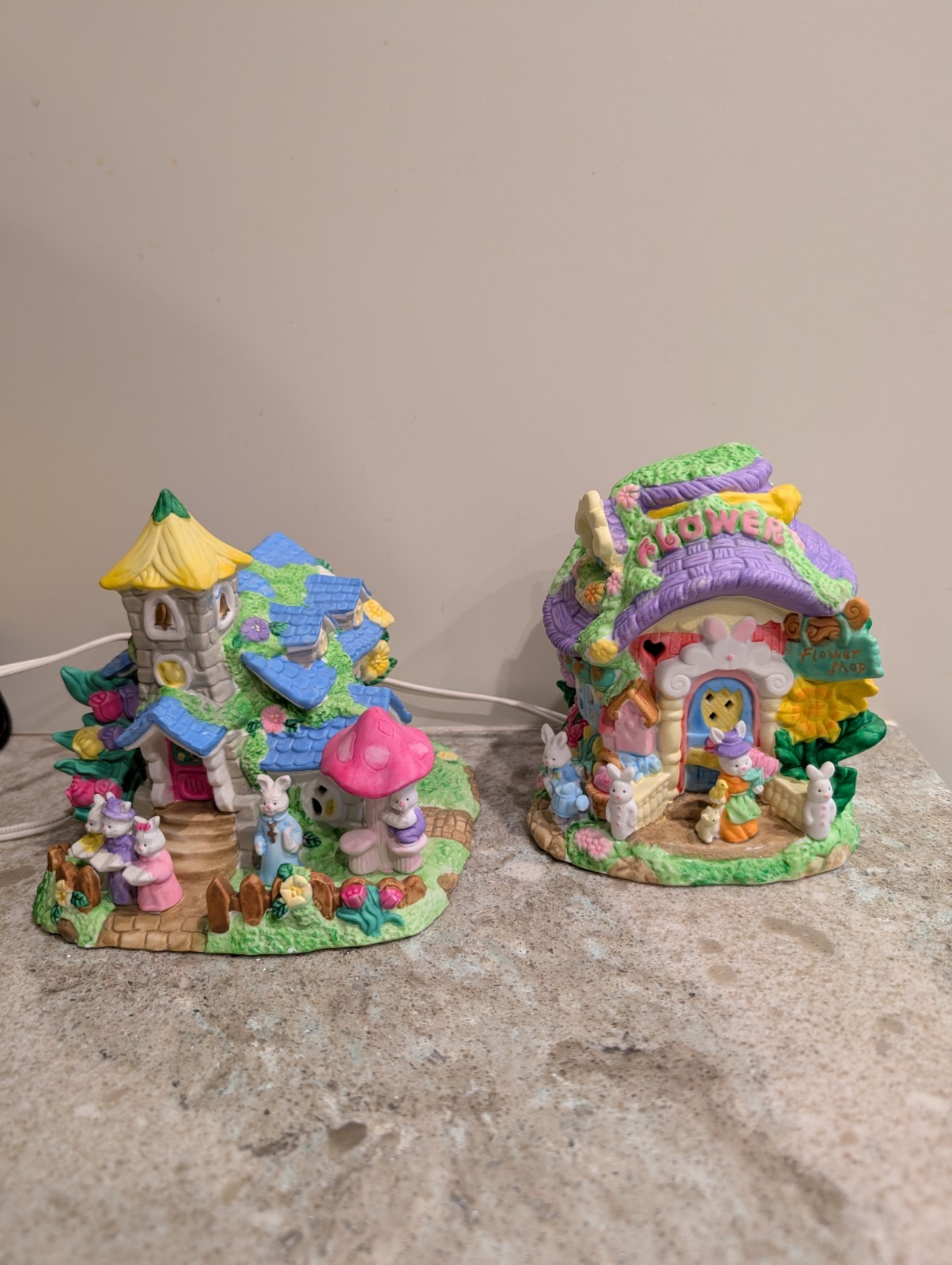 Cottontale Cottages Easter Village Flower Shop Church Porcelain Lighted Lot of 2