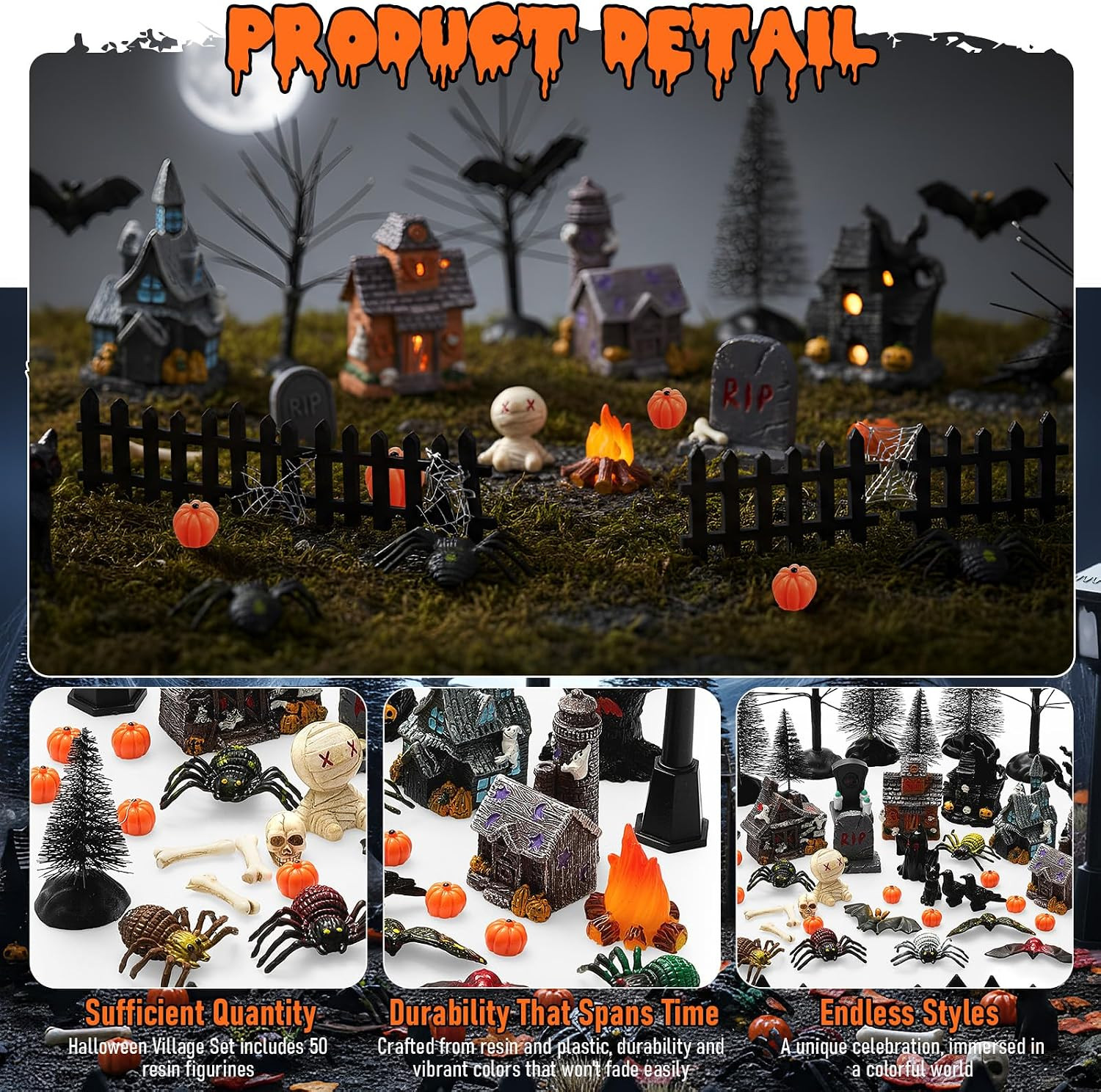 50 Pcs Halloween Village Accessories Set Halloween Resin Haunted House Miniature
