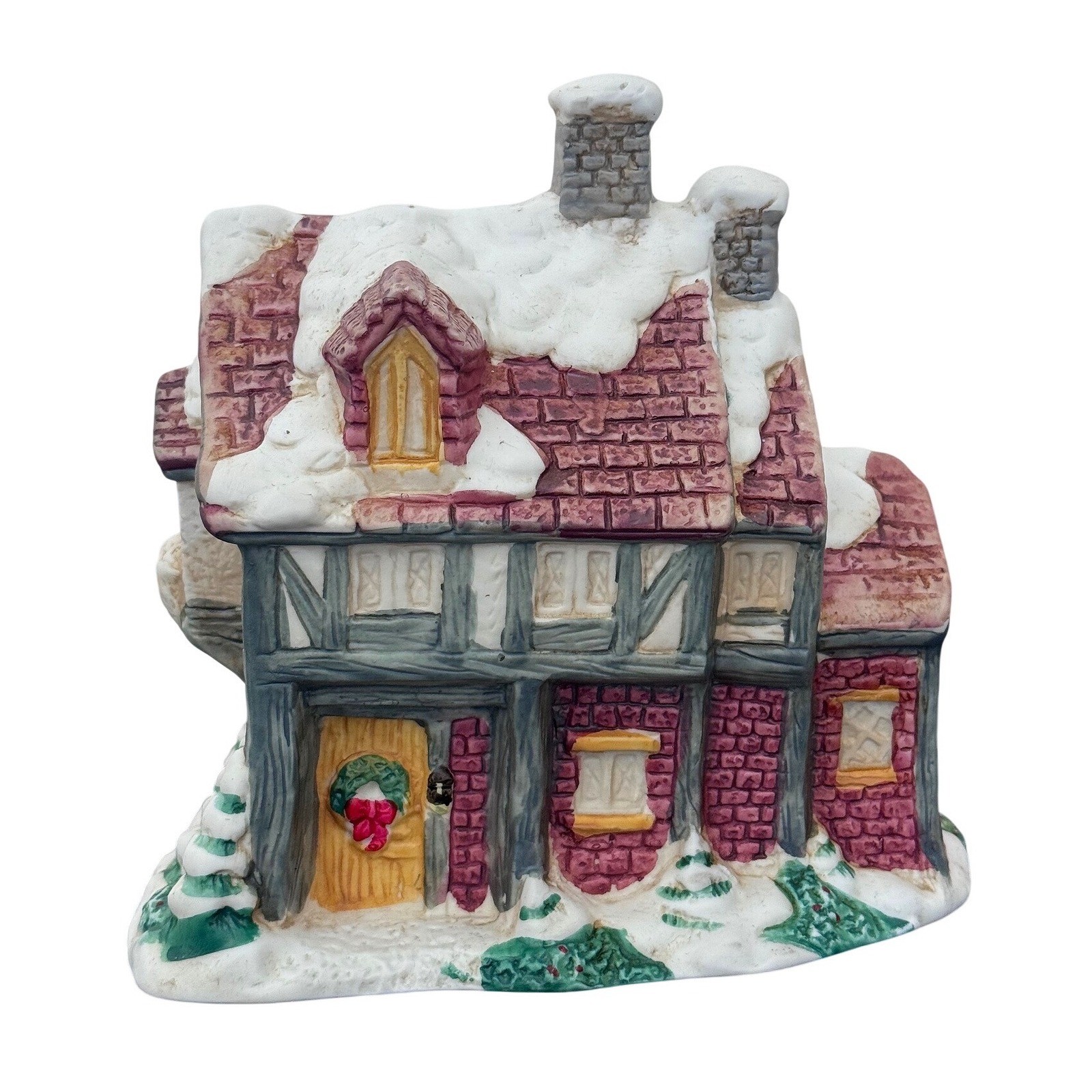 Vintage Ceramic Christmas Village House Snow Covered Tudor Cottage Lighted Decor