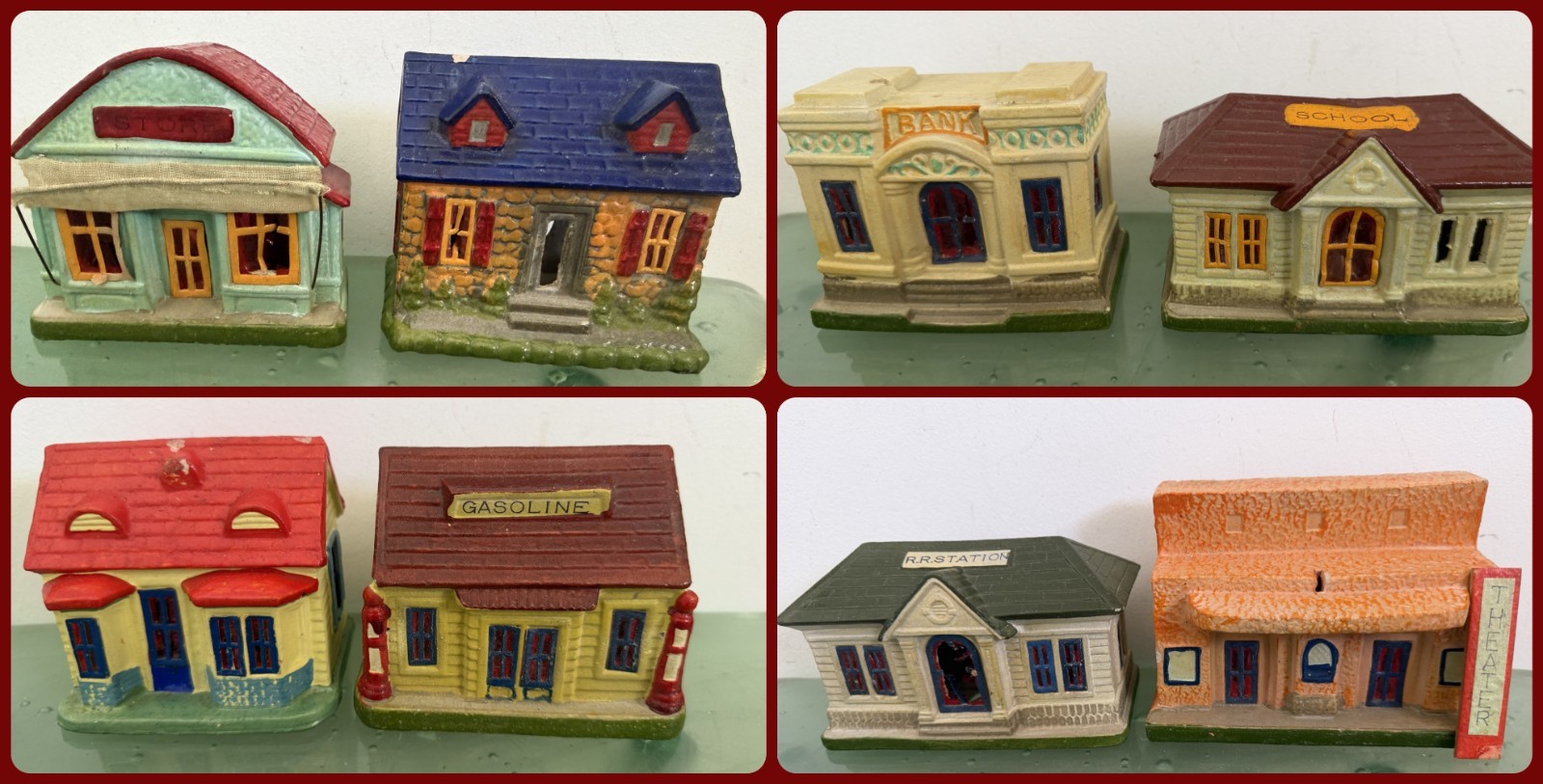 Japan Putz Vtg Composition Village Building SET 8 Orig Box Bank Store Gas School