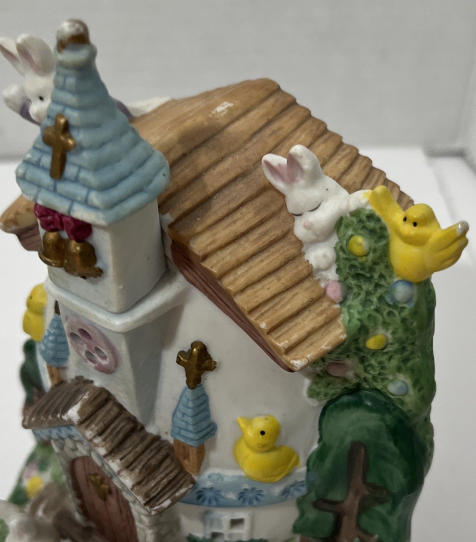 Easter Village Porcelain Lighted Egg Church Approx 4×6 Inch Rabbits Chicks