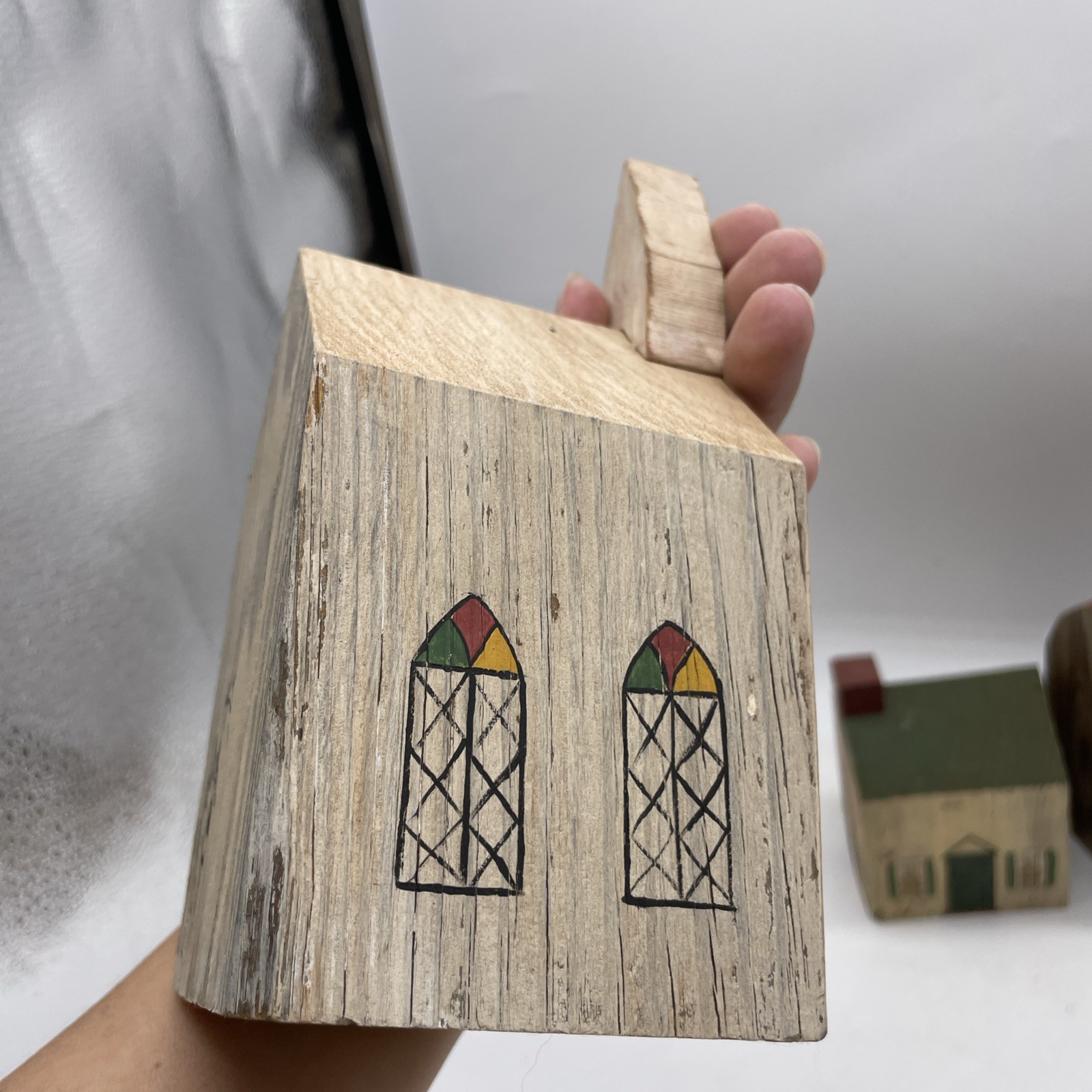 Primitive Mini Buildings Block Wooden House Church Barn Folk Art Lot Of 3 – 1988