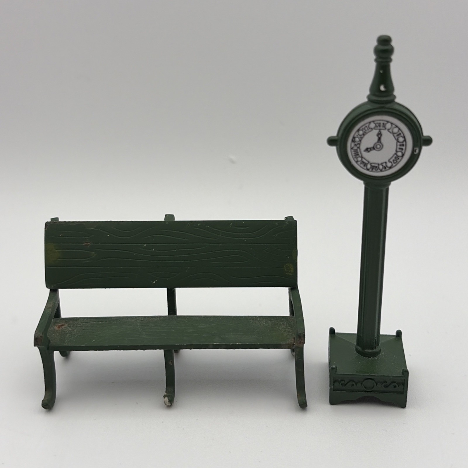 Lot of 2 Department 56 Snow Village Solid Green Metal Park Bench And Clock