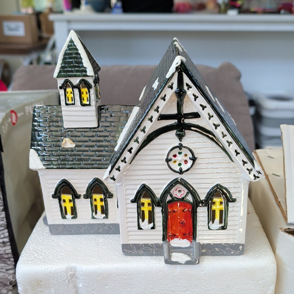 Ceramic & Porcelain Painted Christmas Village Church Building, Multicolor