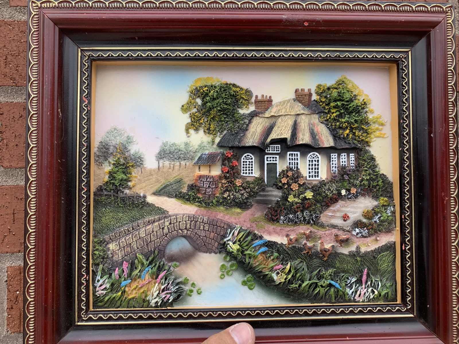 RARE Framed Wall Art English Tudor House Country Village Arched Bridge ❤️sj4j2