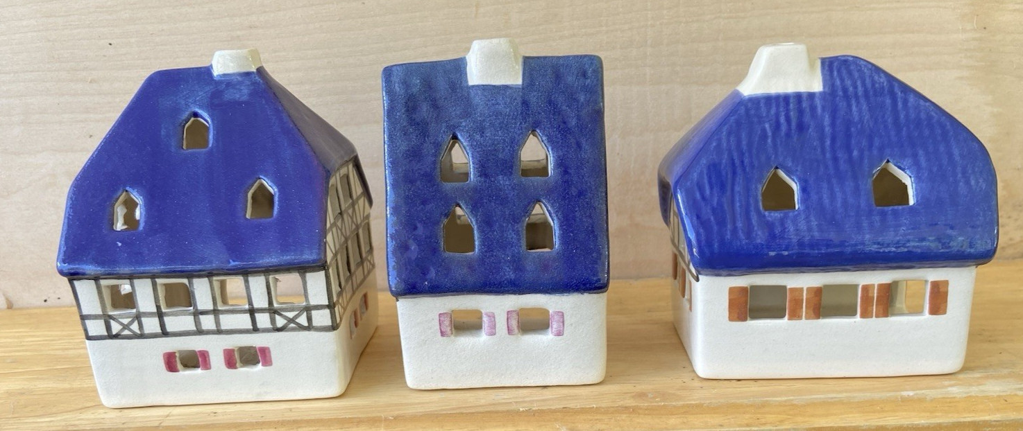 Set of 3 Vintage Ursula Leyk Tea Light Cottages`w/Blue Roofs~Dated 1985 and 1988