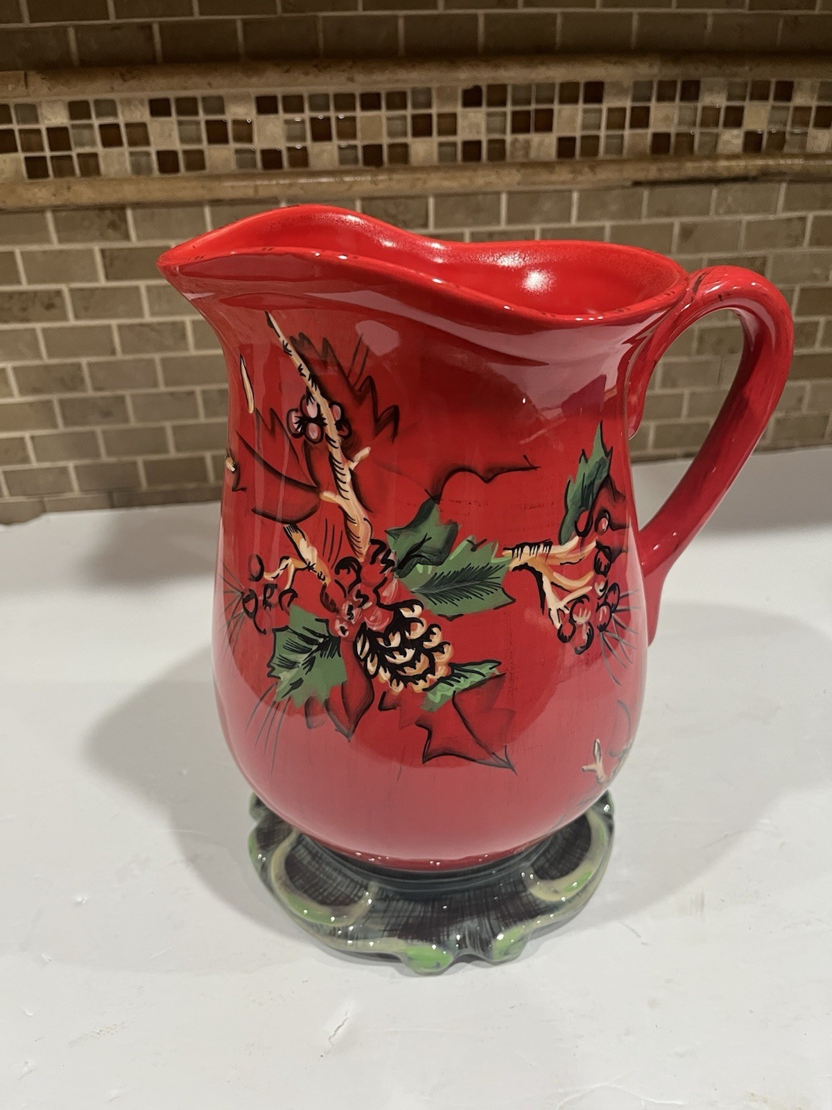 Tracy Porter Winter Collection Ceramics LARGE Pitcher Red Hand Painted Leaves