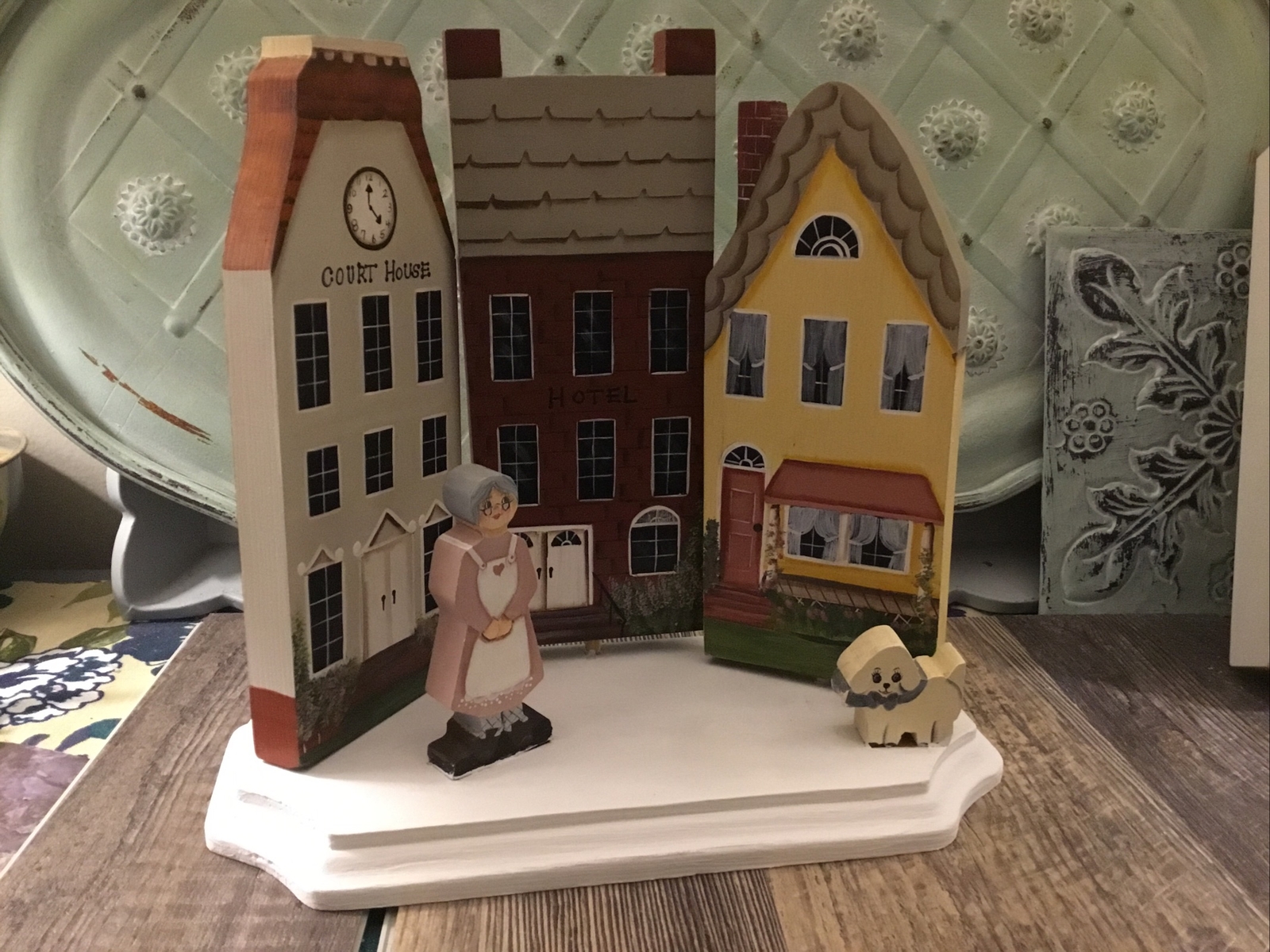 Village Wooden Houses Buildings Vignette Lady And Dog Court House Hand Painted