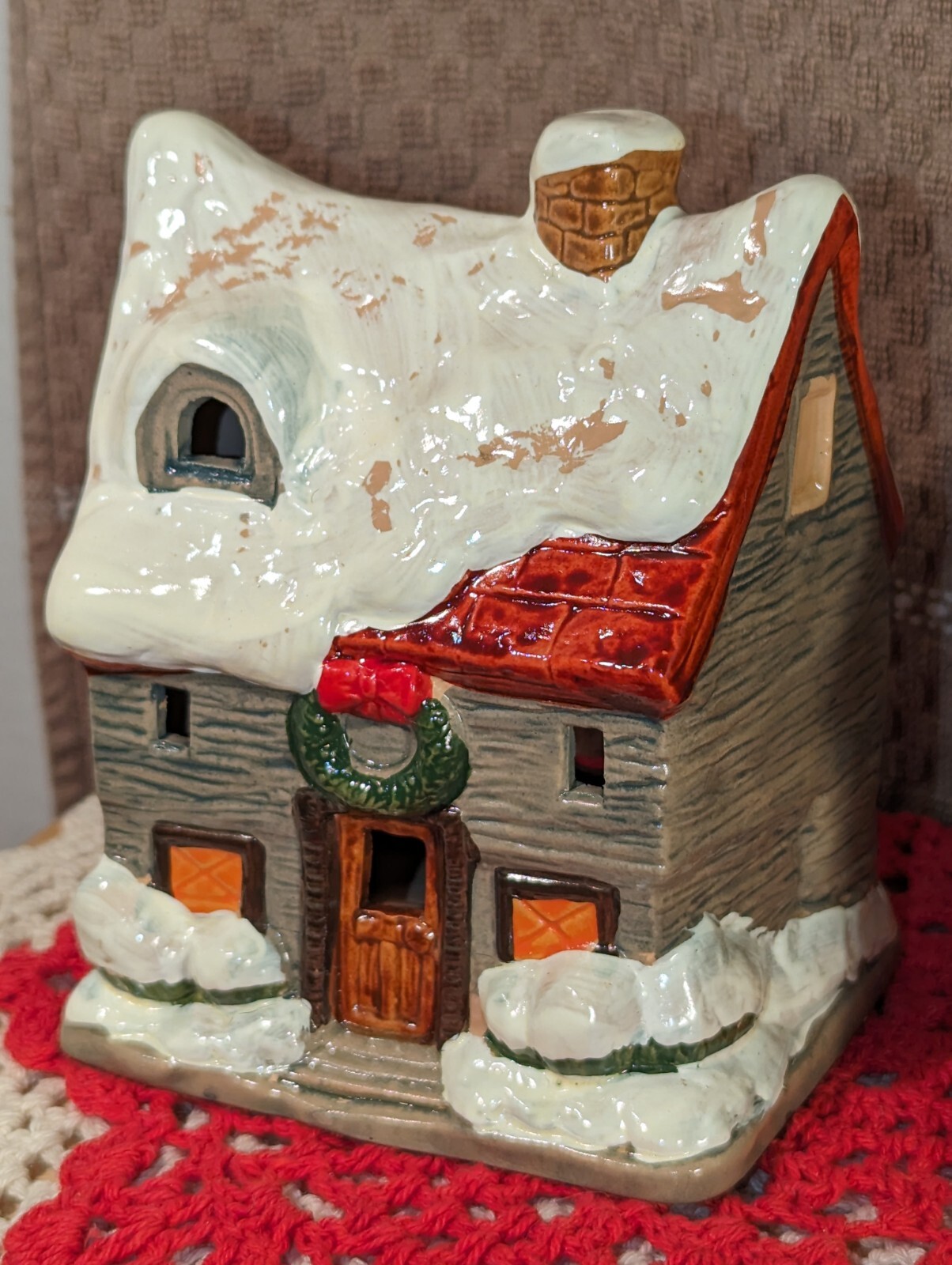 Christmas Village Houses Set Of Two Vintage Painted Taiwan, Can Be Lighted CUTE!