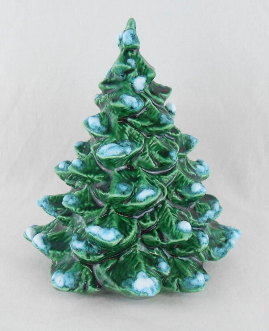 GD Green Ceramic Christmas Tree with Snow Village Decor 6″ Holiday Display