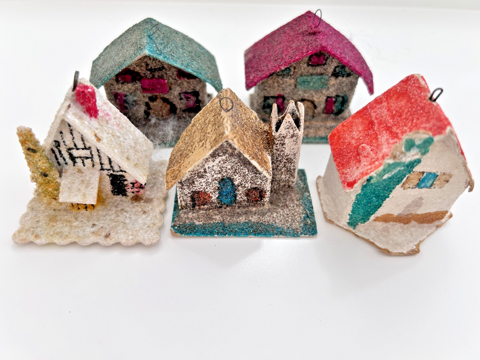 5 Vintage Paper Christmas Village Houses Small 1950’s Mica Glitter
