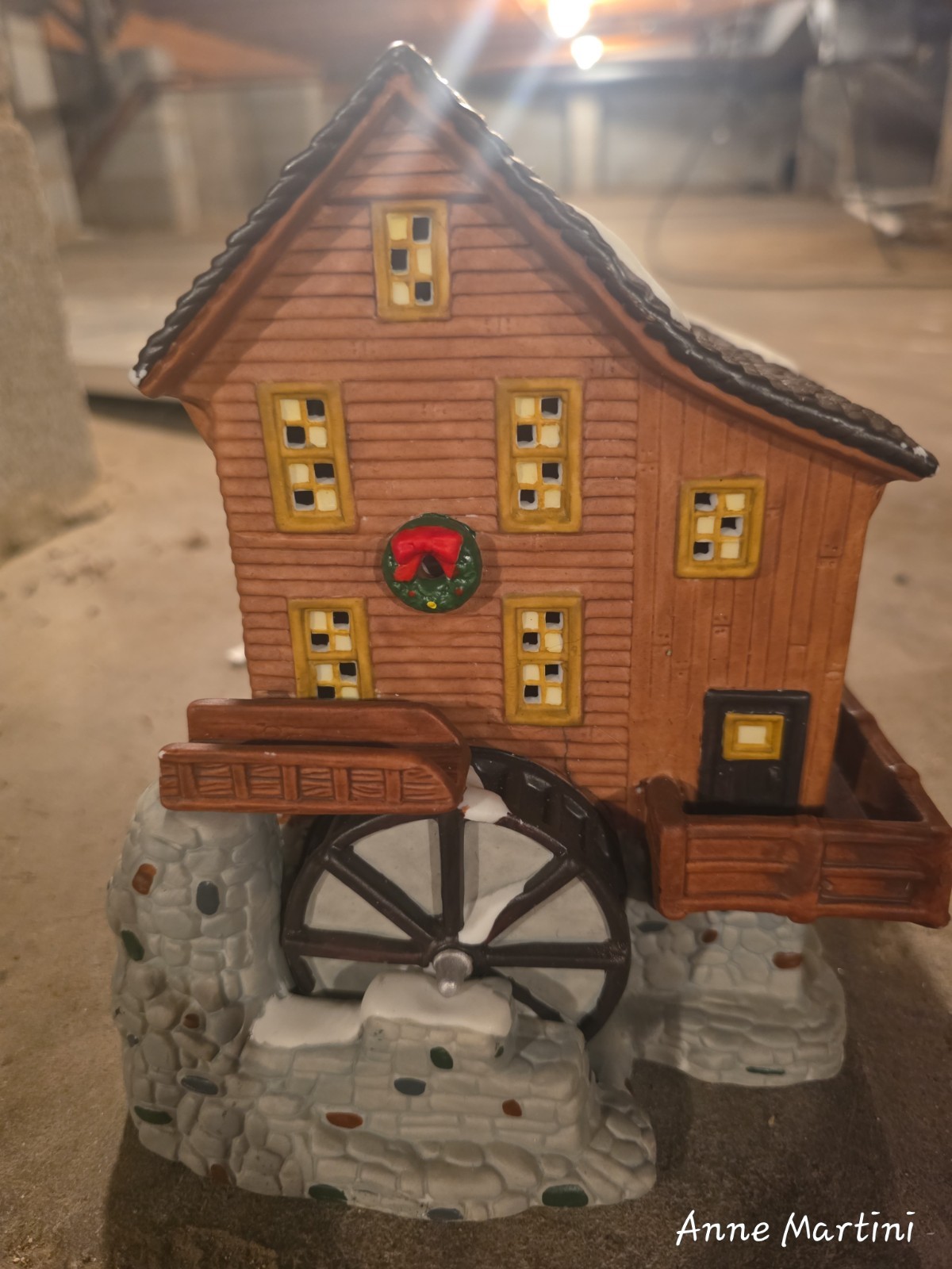 2pc Ceramic Christmas Village Buildings Dress Shop & Water Mill House, Painted