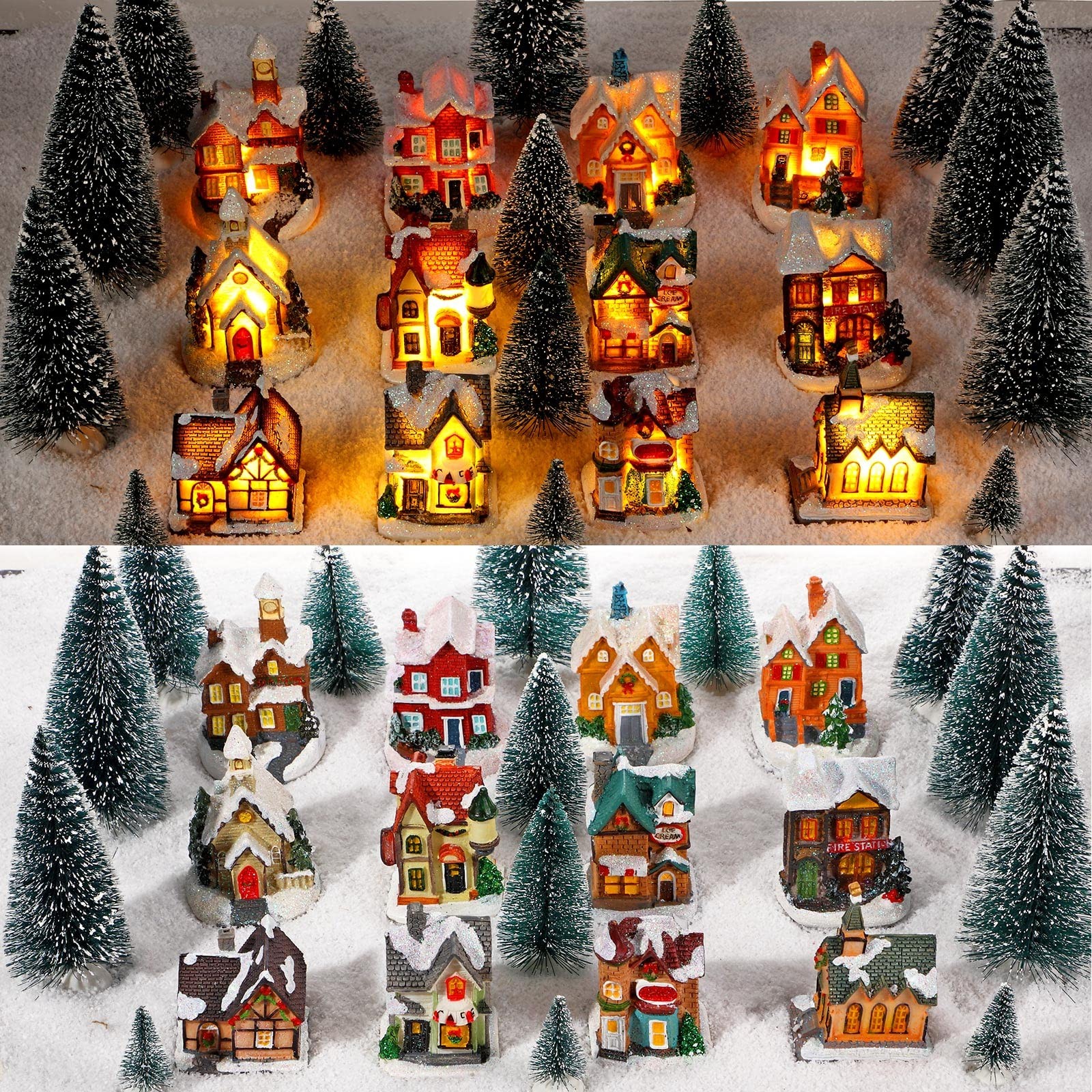 12 Pieces Christmas Winter Houses Village with 12 Pieces Trees Lamp LED Light…