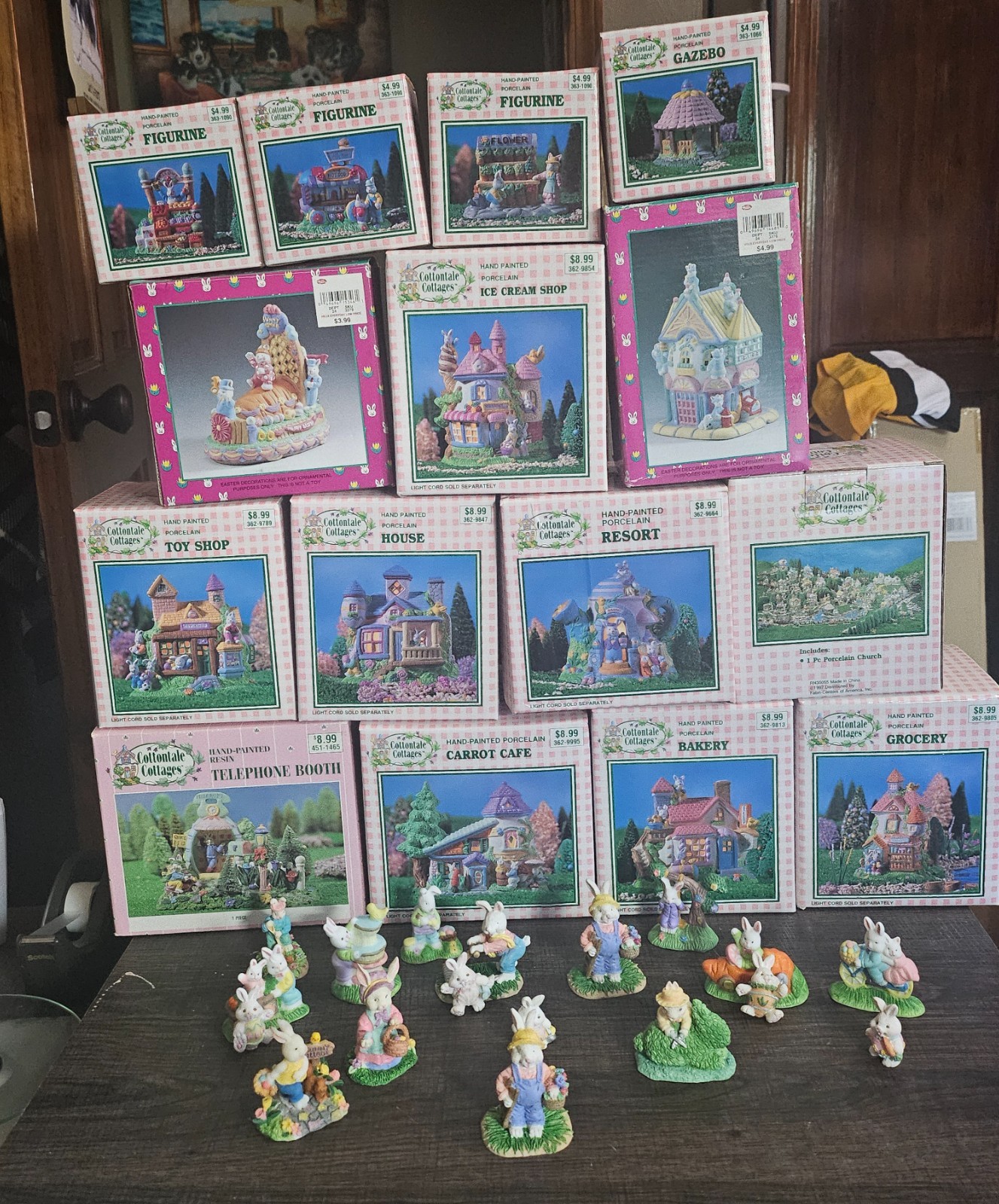 Easter Ceramic Village Lot W/ Bunny Figures And Trees Cottontale Cottages 1997