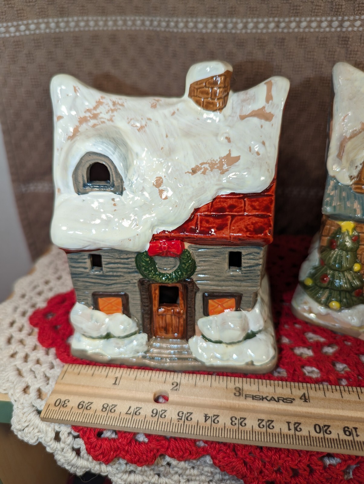 Christmas Village Houses Set Of Two Vintage Painted Taiwan, Can Be Lighted CUTE!