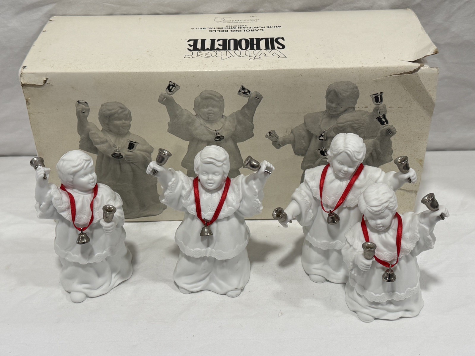 Dept 56 Winter Silhouette 1987 Caroling Bells 7798-4 White Bisque w/Bells & Box