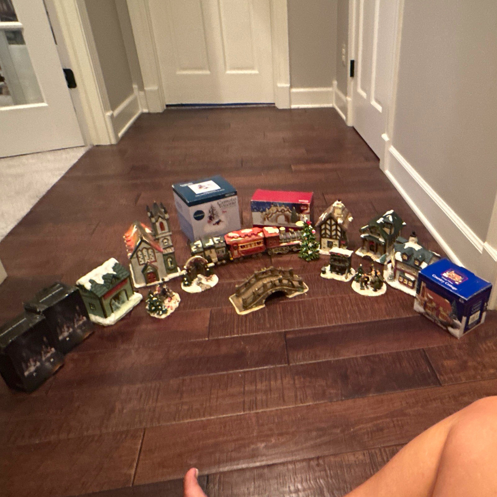 Carole Towne Resin Painted Christmas Village Lot Houses Train 19 pieces
