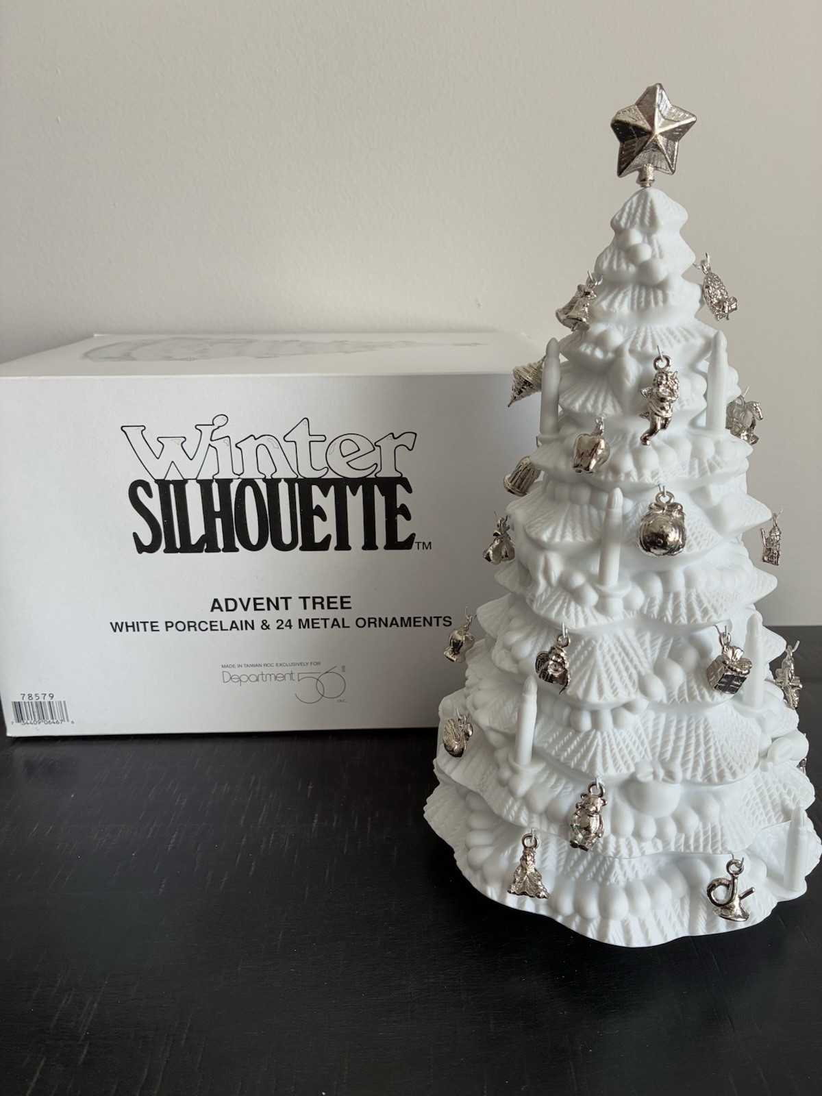 Department 56 Winter Silhouette Advent Tree; White Porcelain & Metal Ornaments