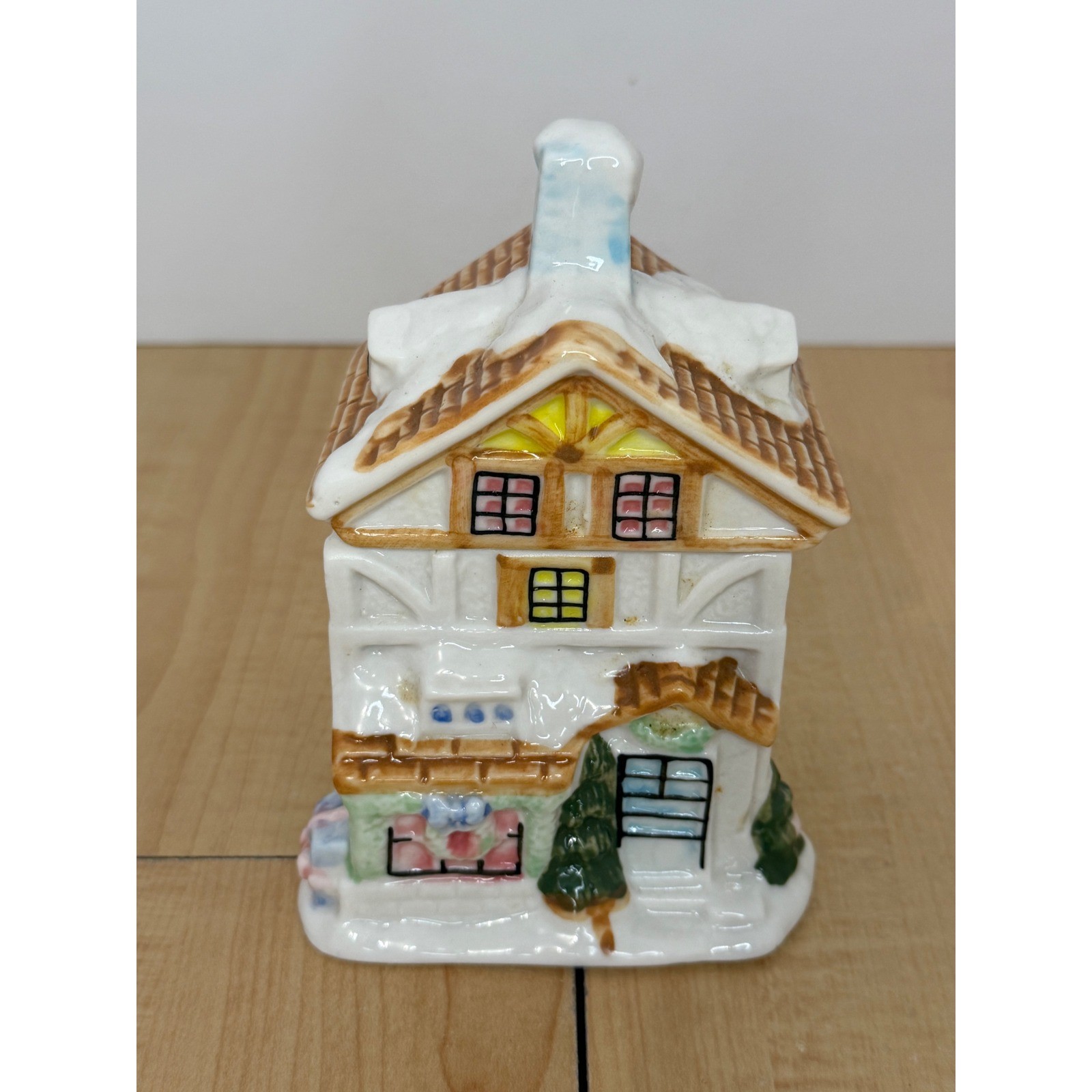 Vintage Ceramic Christmas House Trinket Box Snowy Winter Village Cottage Decor
