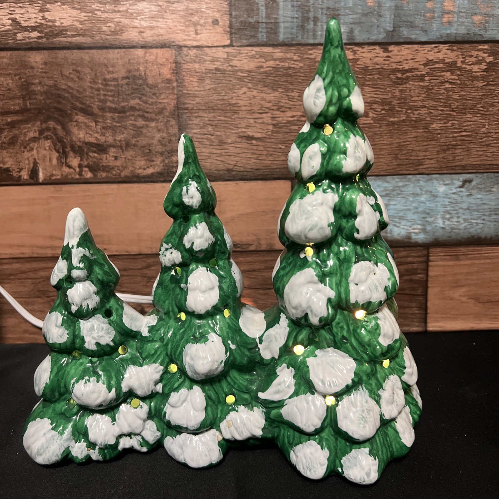 Vintage Christmas Ceramic Triple Pine Trees Double Snow Capped Hand Painted