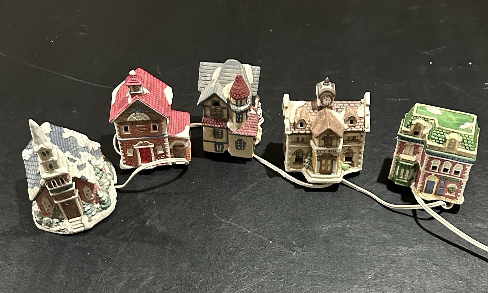 Mervyns 1993 Christmas Village Square 5 Piece Miniature House Christmas Set