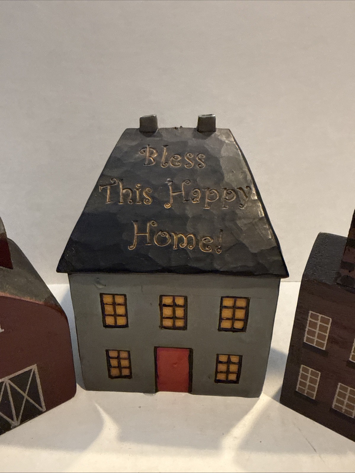 Primitive Folk Art Wood Block Village Houses Barn Set Of 3 Handmade