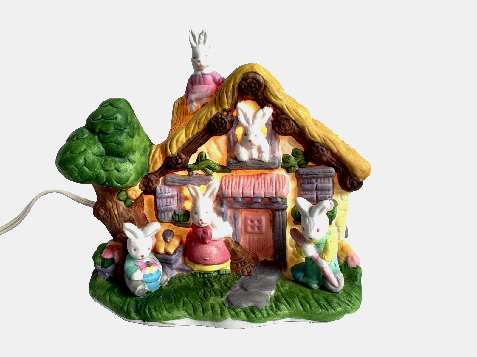 Vintage Easter Light up Ceramic House Country Cottage Bunnies EUC