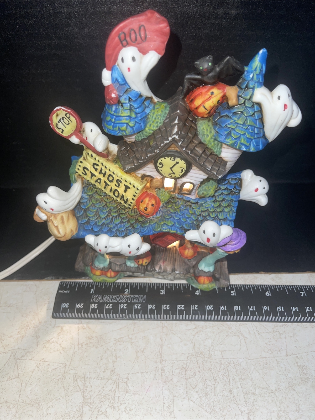 Spooky Hollow Halloween Ghost Station Porcelain House Haunted RR Bus Stop Bx A14