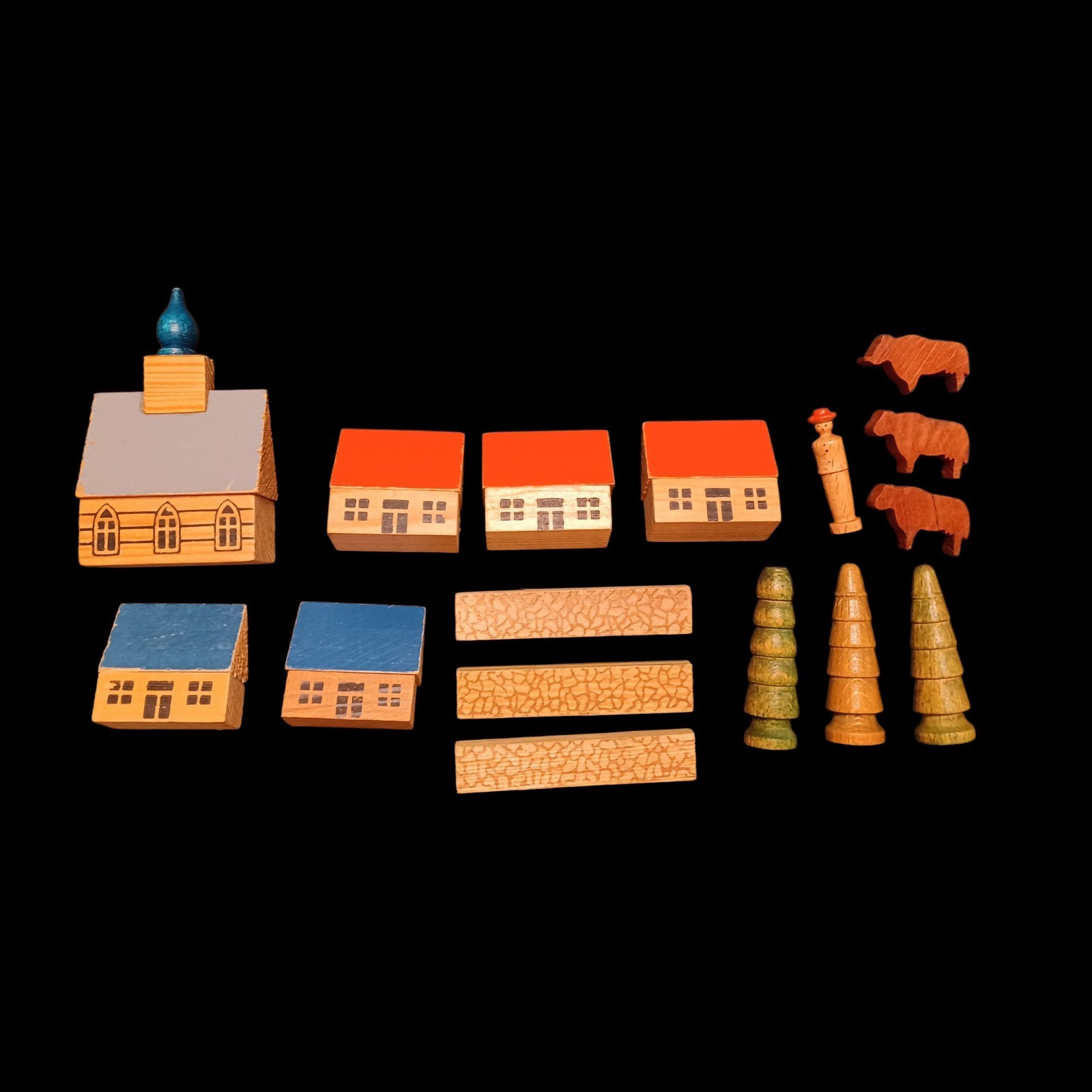 Erzgebirge Vintage Wooden Figures Houses, Church, Trees, Cobblestone, Man, Cows