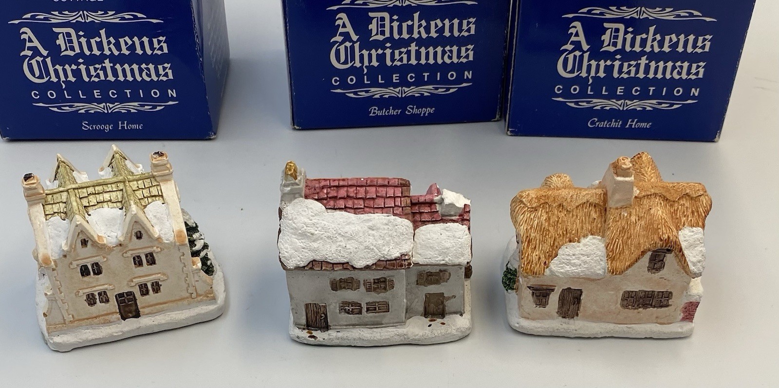 A Dickens Collection Cottage W/Box Scrooge House Cratchit House Butcher Lot Of 3