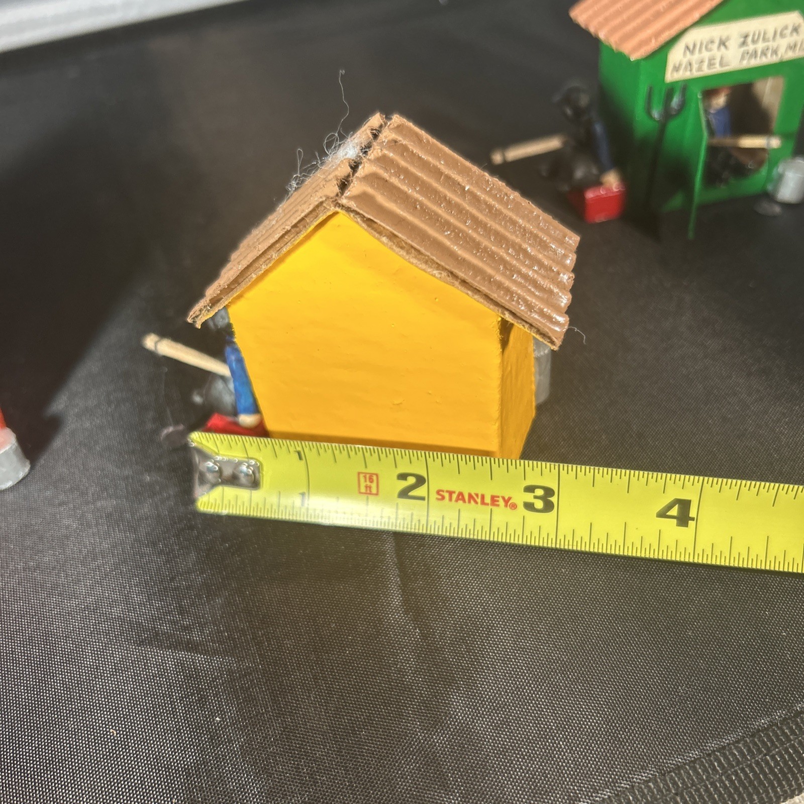 3 Vintage 80’s Painted Wood Christmas Village Ice Shanty W/Fishermen Folk Art 3”