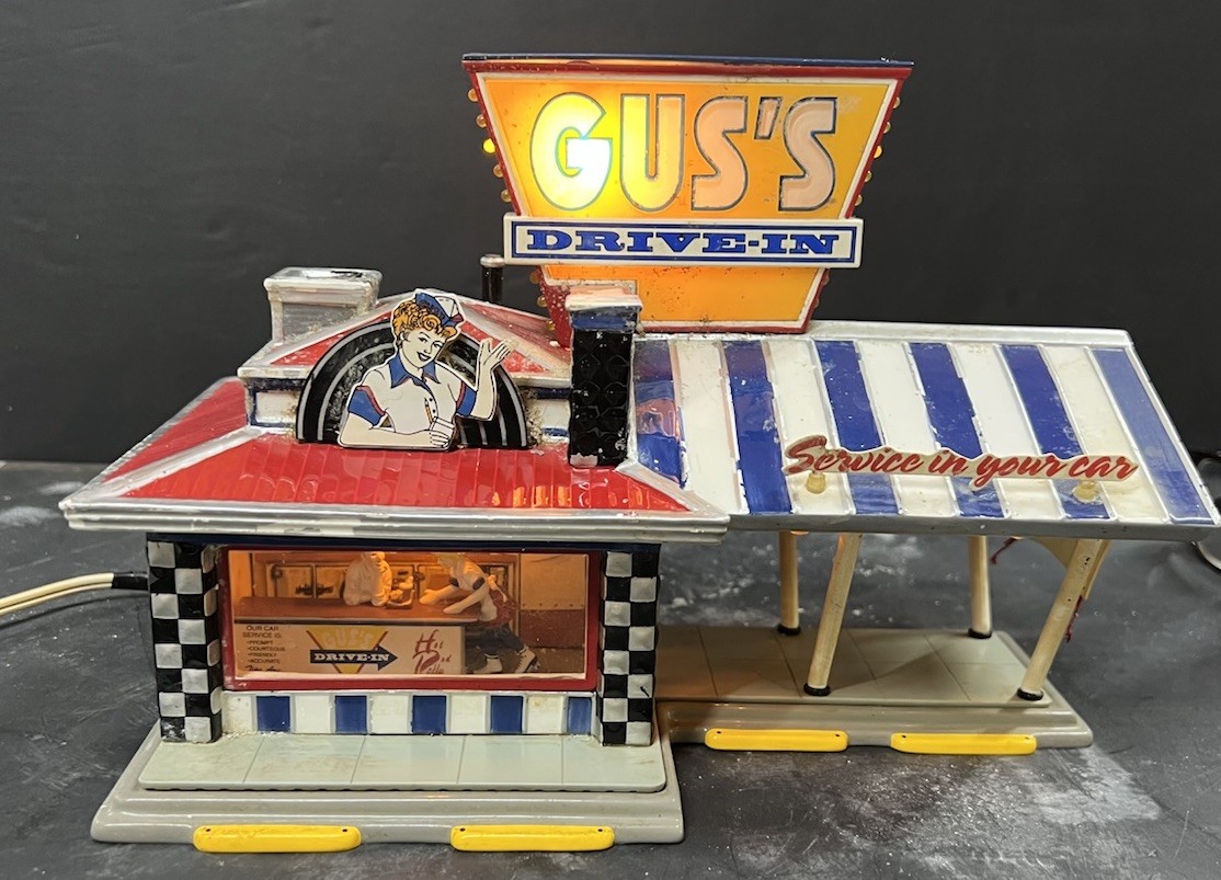 Dept 56 Snow Village “Gus’s Drive-In”, Light Up!! Please Read, Flaws… No Box