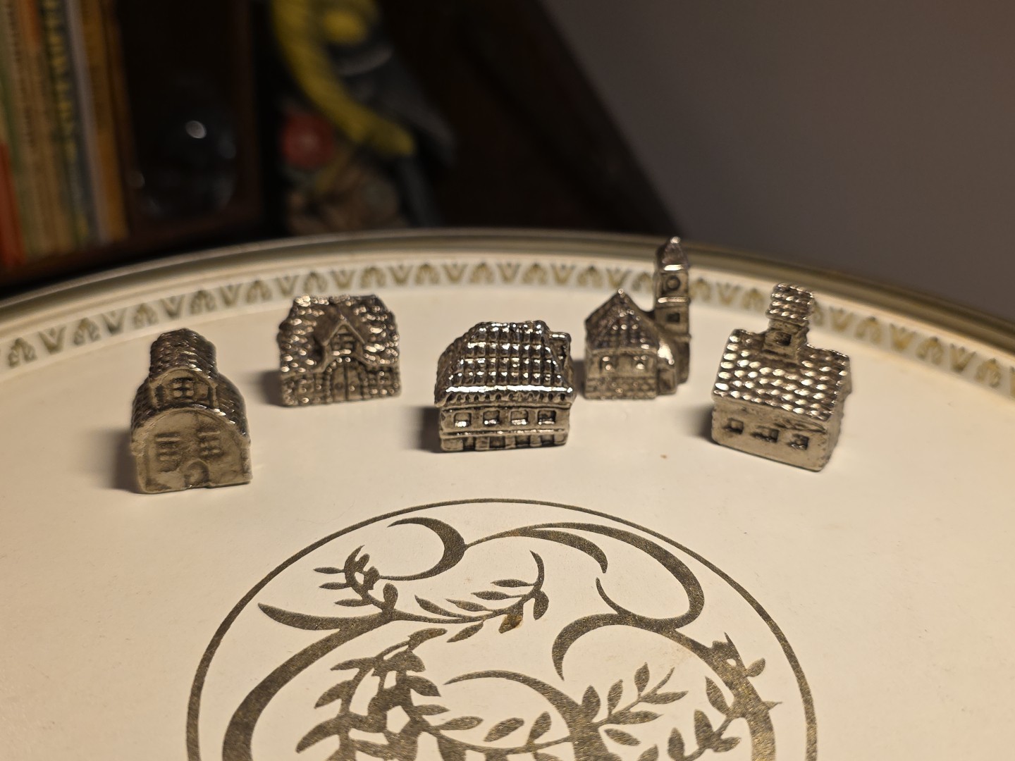 5 Pewter Barn Silo Church House Miniature Figurines