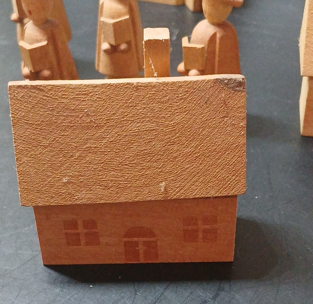 9 Piece VTG German Dominican Republic Wood Miniature Village Church Trees Chior