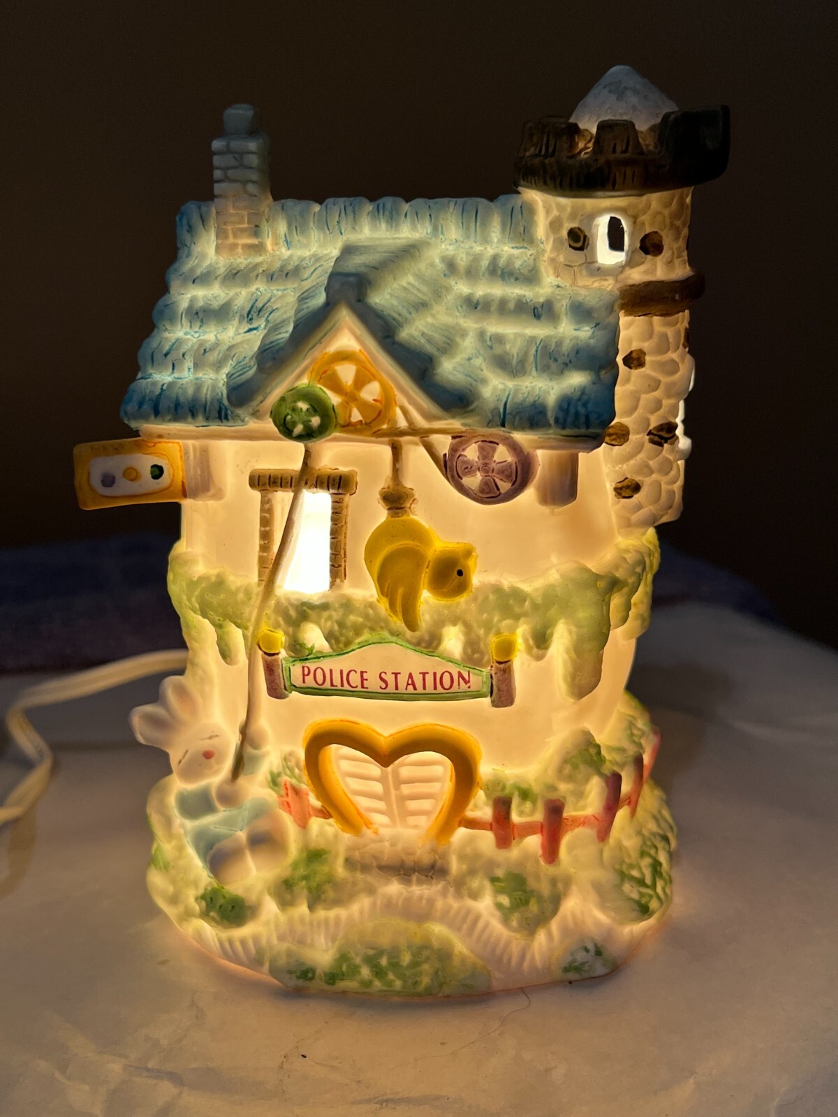 Easter Village Police Station rabbit chick & colorful flowers lighted FL2085
