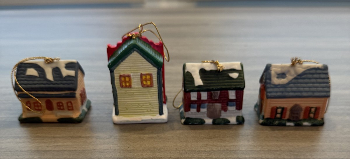 Set of 4 Ceramic Christmas Village Houses, Painted Multicolor Miniatures