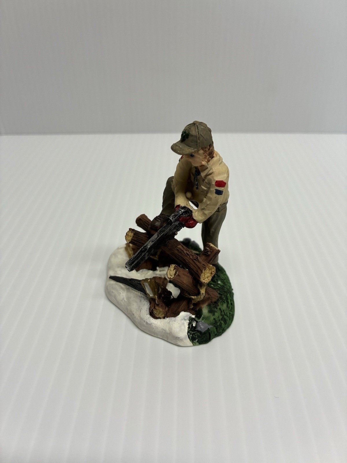 Boy Scouts on Fence, Sawing Wood Christmas Village Accessories Figurine 2013 BSA
