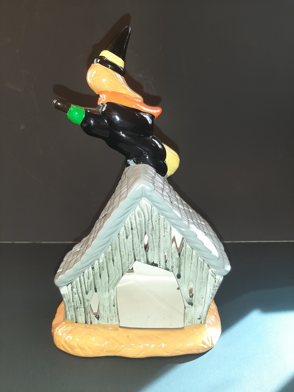 Witch House Halloween Luminary Candle Holder Ceramic Flying Broom Taiwan Vintage