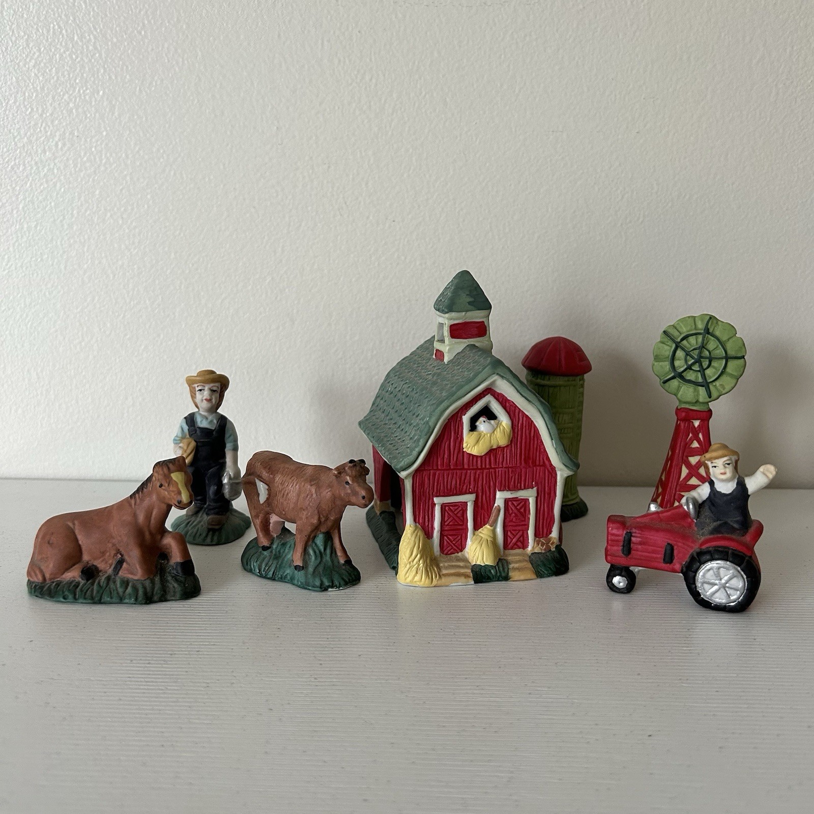 Vintage Ceramic Red Barn, Farmer, Tractor Cow Horse Windmill Trinket Decor