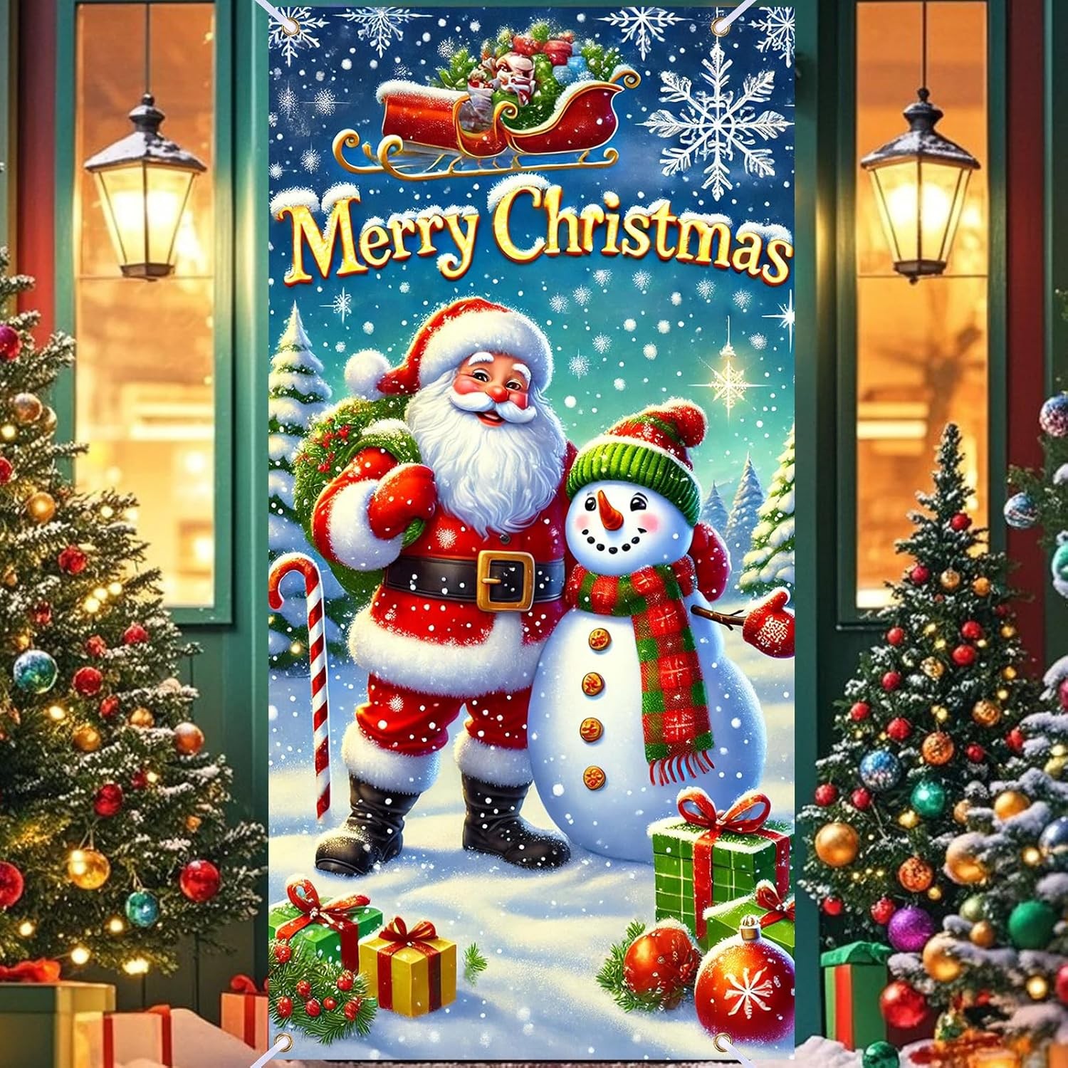 Vintage Merry Christmas Front Door Cover Winter Wonderland CC00928