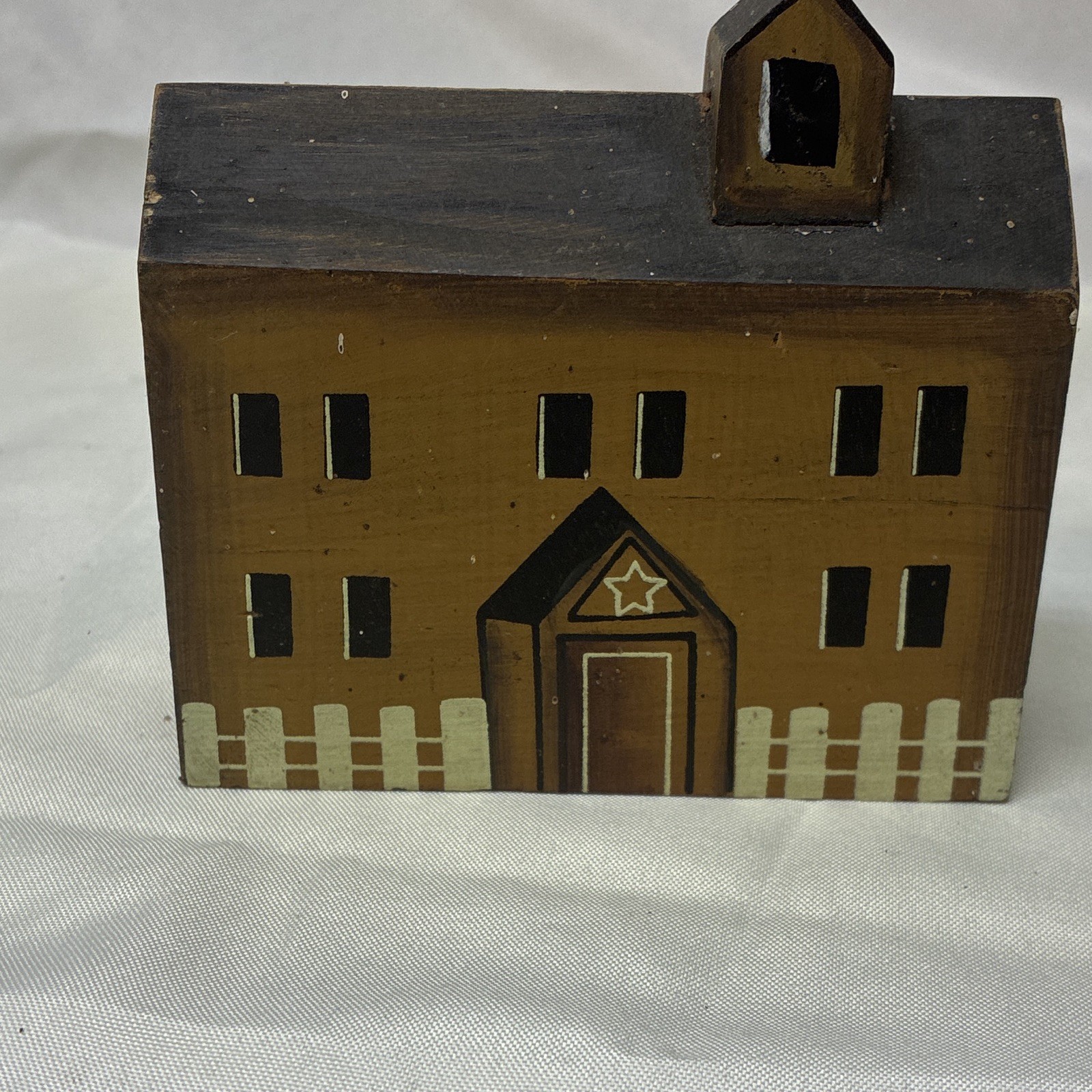 Painted Wood Village House Building Figurine Brown/Black/Beige 5×4.5 in