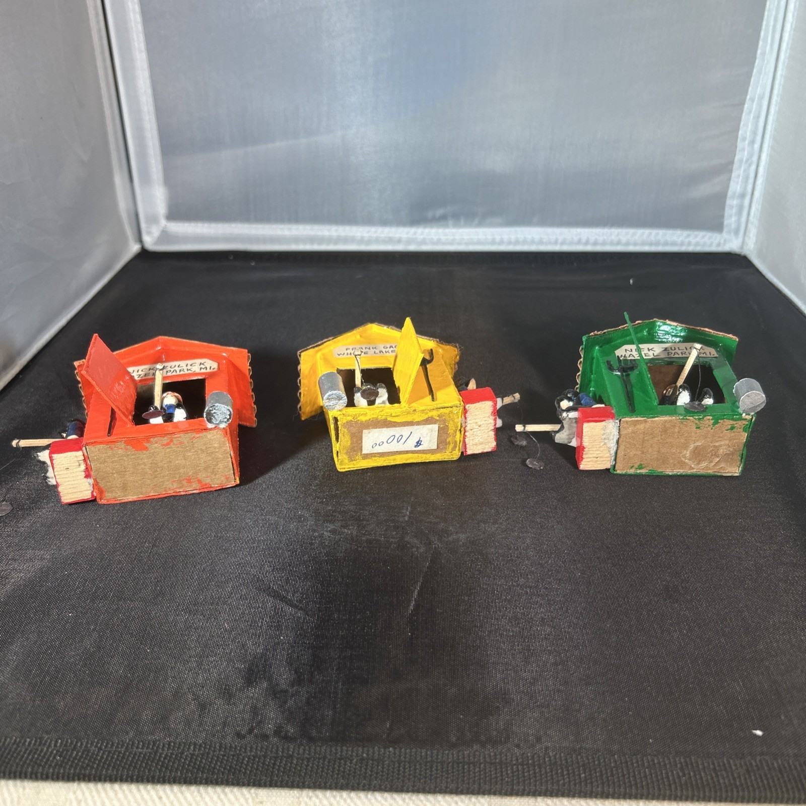 3 Vintage 80’s Painted Wood Christmas Village Ice Shanty W/Fishermen Folk Art 3”