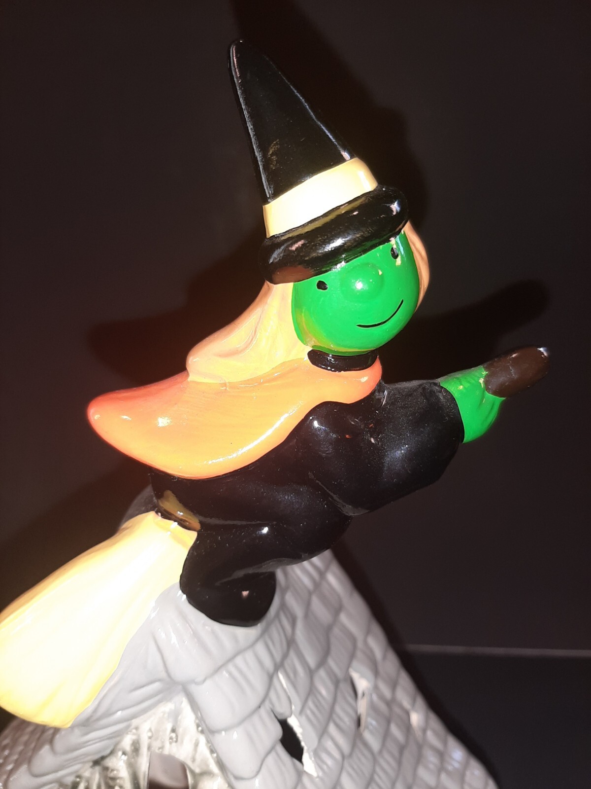 Witch House Halloween Luminary Candle Holder Ceramic Flying Broom Taiwan Vintage